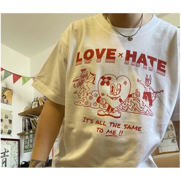 天使與惡魔Love& Hate愛與恨潮牌男女款夏季短袖T恤情侶款印花TEE
