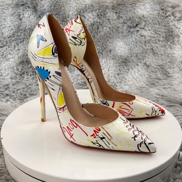 12cm白色涂鴉高跟鞋側空女細跟春秋網紅高級感氣質尖頭職業ol單鞋