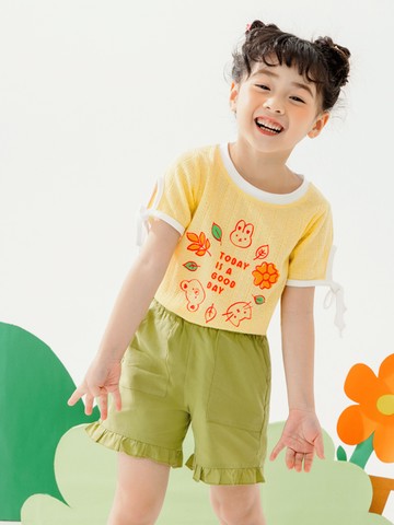 針織可愛印花綁帶造型袖上衣