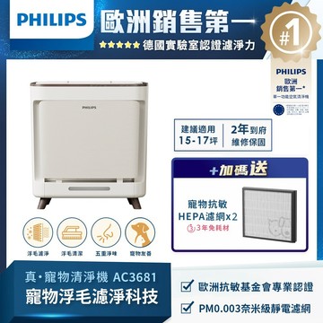 【PHILIPS飛利浦】AC3681/81 毛小奈抗敏寵物清淨機_贈濾網