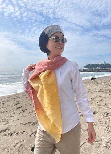 泥染 法式亞麻 可穿戴圍巾 雅緻流蘇 披上晚霞 Sunset Poncho Stole 日本