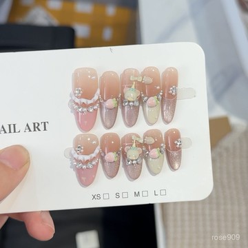 ✨Hannah✨糖果熊-【實拍】粉紅純手工蝴蝶結穿戴甲長款甲片法式拆卸腮紅甲純手工穿戴甲 TV4F