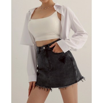 AIR SPACE PLUS 愛心刷破抽鬚牛仔褲裙(黑/淺藍) 女裝 現貨 大尺碼 中大尺碼 棉花糖女孩