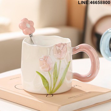 免運 開立發票 水杯 陶瓷杯 高顏值手繪郁金香水杯馬克杯杯子陶瓷伴娘伴手禮品開業活動送客戶