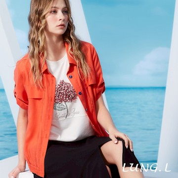 LUNG.L林佳樺 橘色搭配藍色釦子與壓線五分袖女裝上衣(外罩)LS75C