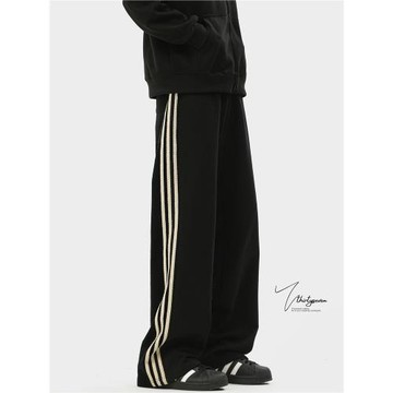 V37美式條紋運動衛褲男秋季cleanfit闊腿褲潮牌寬松加絨休閑長褲