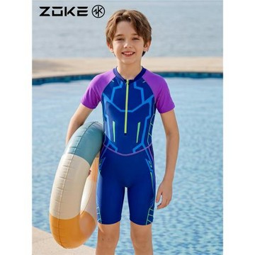 洲克兒童泳衣男童連體平角褲速干游泳訓練中大童2025新款防曬泳衣