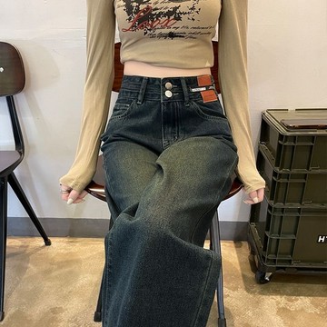 水泥灰復古闊腿牛仔褲女 高腰黑色牛仔褲 小個子女寬褲子 寬鬆闊腿褲 休閒褲 落地褲 女生長褲 梨形身材 顯瘦直筒牛仔褲