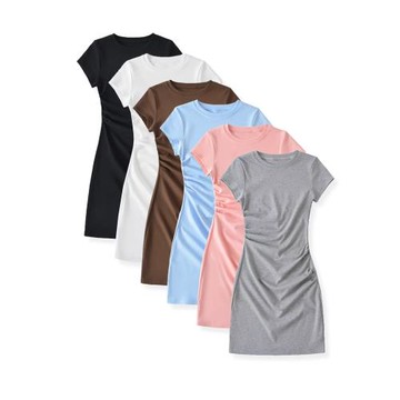 純欲網紅顯身材褶皺短袖連衣裙甜美辣妹修身顯瘦外穿收腰包臀短裙