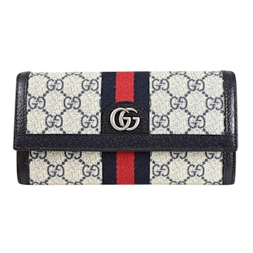 GUCCI Ophidia GG 金屬雙G LOGO印花皮革釦式長夾(駝/深藍)