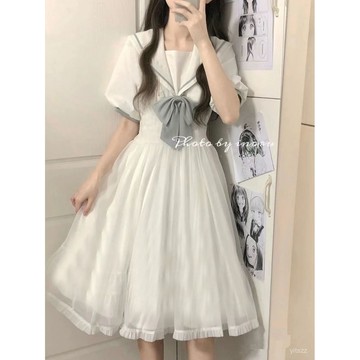 【臺灣有貨】學院風甜美日係蝴蝶結網紗連衣裙女學生韓版中長款海軍領公主裙子
