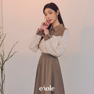 個性撞色車線口袋雪紡洋裝-可可