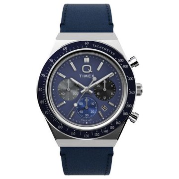 TIMEX  天美時 Q Timex 40 毫米 三色子盤 皮革錶帶 計時碼錶(藍 TXTW2Y36100)