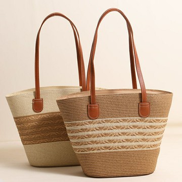 現貨+預購 女草編包手提包渡假單肩側背包大容量藤編織包包-皮帶布紋包3色74ly82【獨家進口】【米蘭精品】