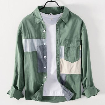日系拼接工裝襯衫男春秋長袖休閑寬松設計感小眾上衣純棉襯衣外套