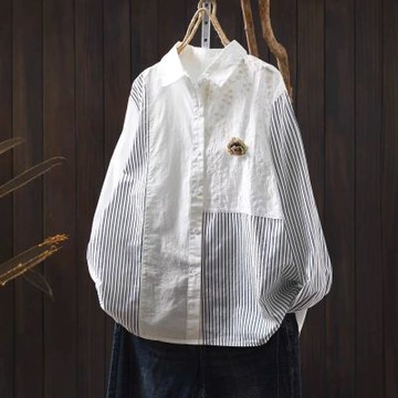 設計所在 棉麻隨性風 刺繡花朵條紋拼接襯衫