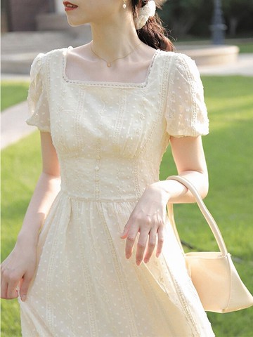 法式初戀淑女裙子溫柔風氣質甜美長裙森系小清新方領鎖骨連衣裙夏