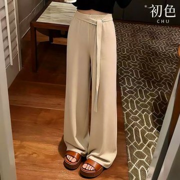 初色 休閒簡約純色繫帶鬆緊腰垂感針織闊腿褲休閒褲寬褲長褲-共3色-17042(F可選)