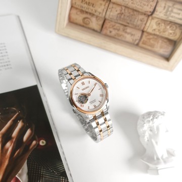 SEIKO 精工 / SSA412J1 / PRESAGE 羅馬刻度 鏤空 機械錶 藍寶石水晶玻璃 不鏽鋼手錶-銀白x鍍玫瑰金 / 38mm