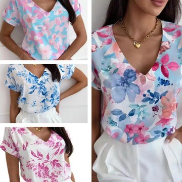 MOCO歐美風簡約時尚V領手染印花袖反折雪紡上衣M~3XL