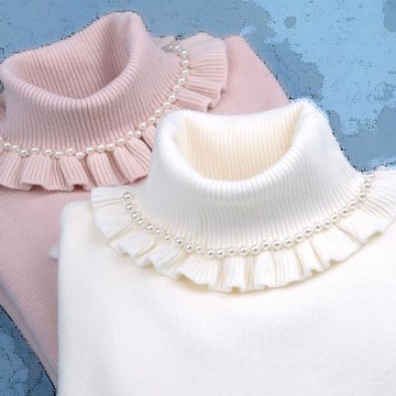 高領花邊毛衣女針織打底衫上衣秋冬新彈力修身顯瘦荷葉袖短款內搭