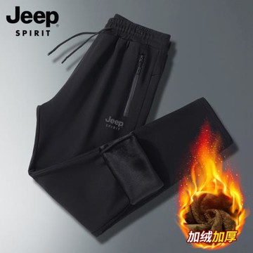 吉普休閑褲男士2025年冬季時尚潮流寬松直筒加絨加厚運動長褲子男