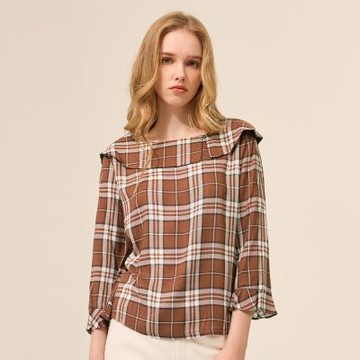 ILEY伊蕾 七分袖翻領格紋水鑽縲縈上衣(深咖；M-XL)