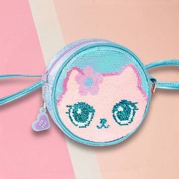 Tiger Family FunTime圓形幻彩亮片斜背包-雪白貓咪