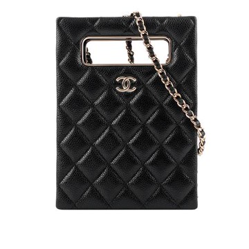 CHANEL 22新款粒紋小羊皮側鏈帶飾邊晚宴包(黑色) CH14000070