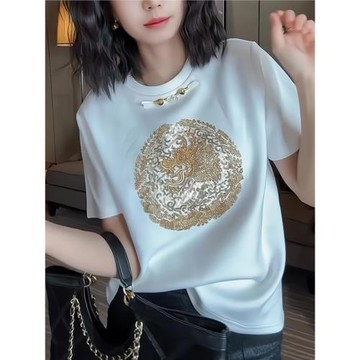 新中式盤扣白色短袖T恤女2025春季新款洋氣印花半袖上衣寬松體恤