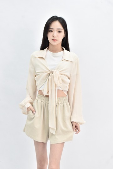 (L) air space 雪紡短版長袖杏色罩衫