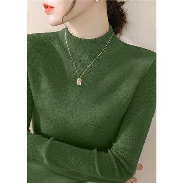 羊毛修身顯瘦內搭打底上衣豌豆綠新款半高領毛衣秋冬長袖針織衫女