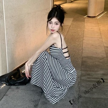 時尚條紋吊帶連衣裙女夏季2026新款修身顯瘦背心裙性感露背長裙潮 氣質洋裝 辣妹連身裙 約會必備 女裝