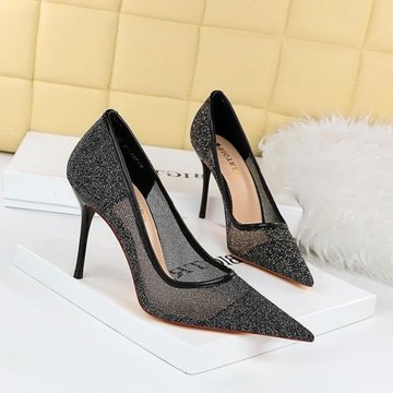 歐美時尚顯瘦高跟鞋細跟高跟淺口尖頭鏤空蕾絲網狀女鞋單鞋