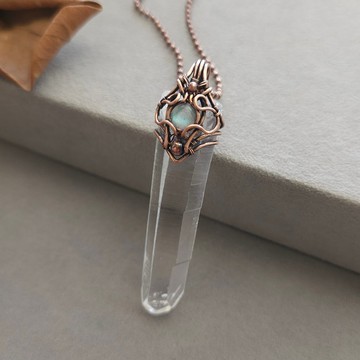 金屬編織 原礦白水晶項鍊 手作復古飾品 水晶礦石 銅線編織