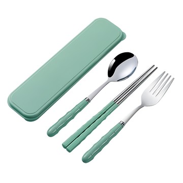 城市漫遊 不鏽鋼餐具組 便攜式餐具套裝 304不鏽鋼+ABS外殼 190*45*30mm  綠色  叉子 + 湯匙 + 筷子 + 盒子  1組