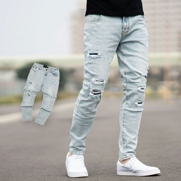 【NB1646J】韓國製淺藍微刷色抽鬚補丁合身版牛仔褲(LE-HB187)