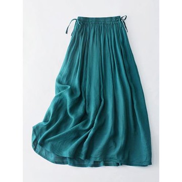 棉麻半身裙女夏季高腰抽繩雙層內襯大擺裙純色飄逸顯瘦苧麻A字裙