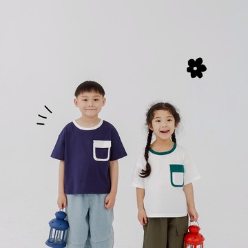 QUEENSHOP_ S 短袖 童裝 撞色雙口袋拼接上衣 兩色售 M-XL 現+預 【01190222】