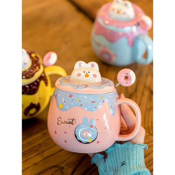可愛兔子馬克杯帶蓋勺女生高顏值兒童喝水杯新款2022家用陶瓷杯子