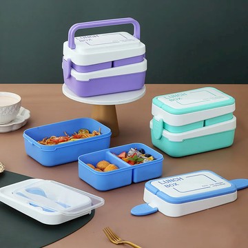 Homely Zakka 可微波手提超大容量雙層分隔便當盒3格附餐具 - 晴空藍