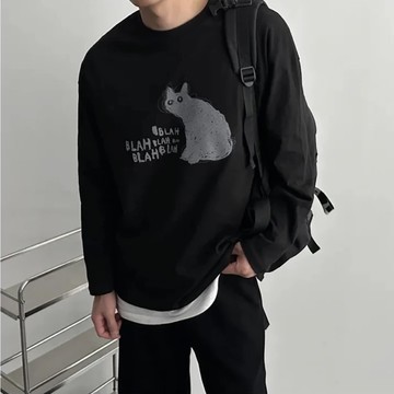 【AMERO】男裝 女裝 圓領長袖T恤 可愛黑貓塗鴉 情侶裝