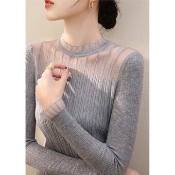 法式獨特花邊領蕾絲網紗長袖秋秋冬新款修身針織衫打底毛衣上衣女