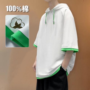 100%純棉連帽衛衣男短袖夏季寬松休閑潮流ins假兩件拼接五分袖t恤