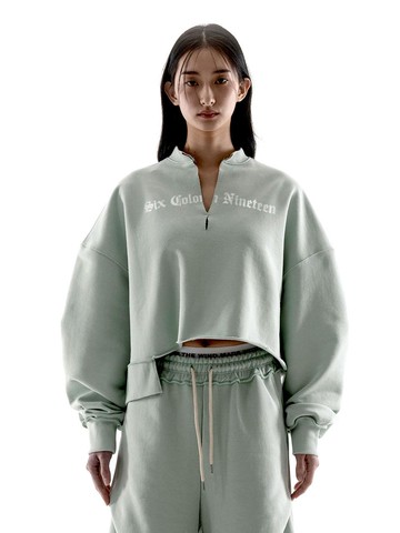 SIX COLON NINETEEN UNBALANCE RAW EDGE CROP SWEATSHIRTS [SAGE]