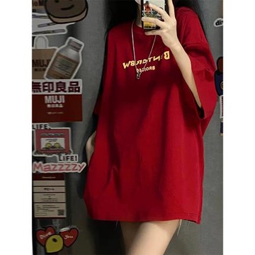加長版女夏寬松紅色上衣短袖t恤