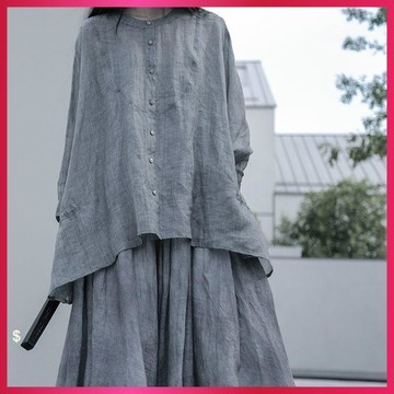 『ATC』洋裝女 夏日不規則雙層大擺灰色手工扎染復古超長飄逸洋裝細肩帶裙個性