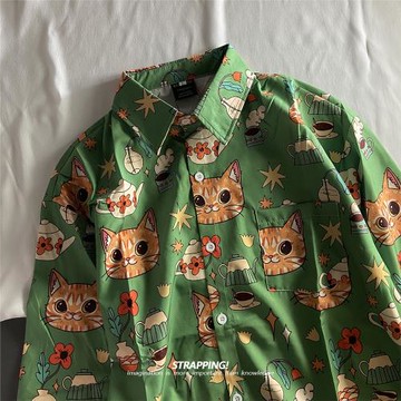 STRAPPING涂鴉卡通貓咪INS復古短袖花襯衫男女夏威夷日系泰國沙灘
