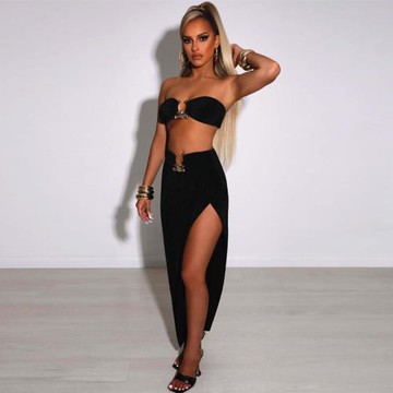 Ahagaga 歐美風時尚抹胸露背露臍上衣性感修身開叉半身裙兩件套裙