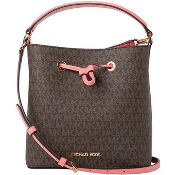 【Michael Kors】SURI葡萄柚粉X深咖啡PVC中款手提斜背水桶包